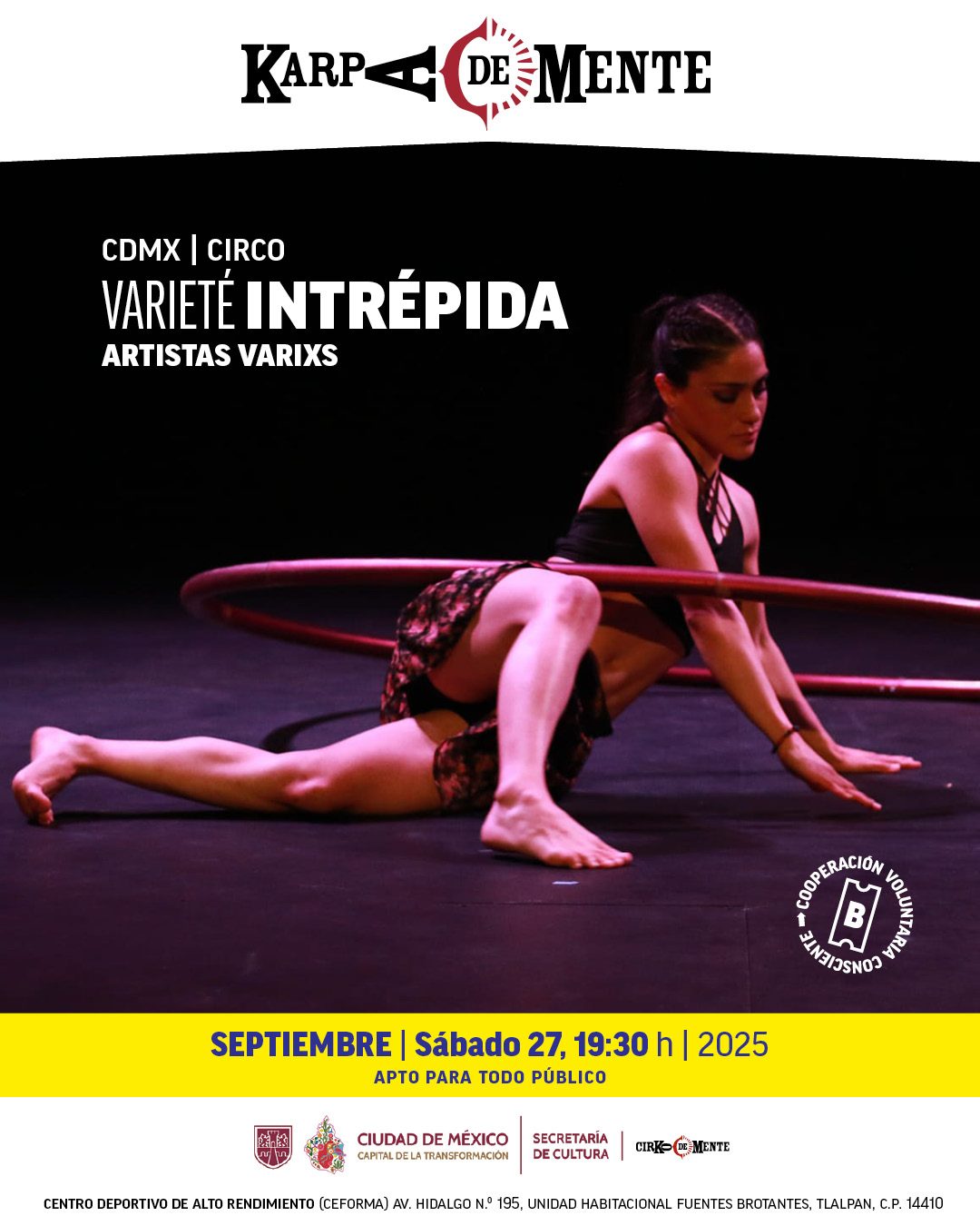 Una varieté compuesta por actos de circo contemporáneo, tradicional y de dudosa categorización que interrumpen nuestra cotidiana respiración. A través de números de acrobacia de piso, contorsión, clown, trapecismo, aro aéreo y manipulación de objetos, nos adentramos en los universos poéticos e intrépidos de cada artista. Apto para todo público